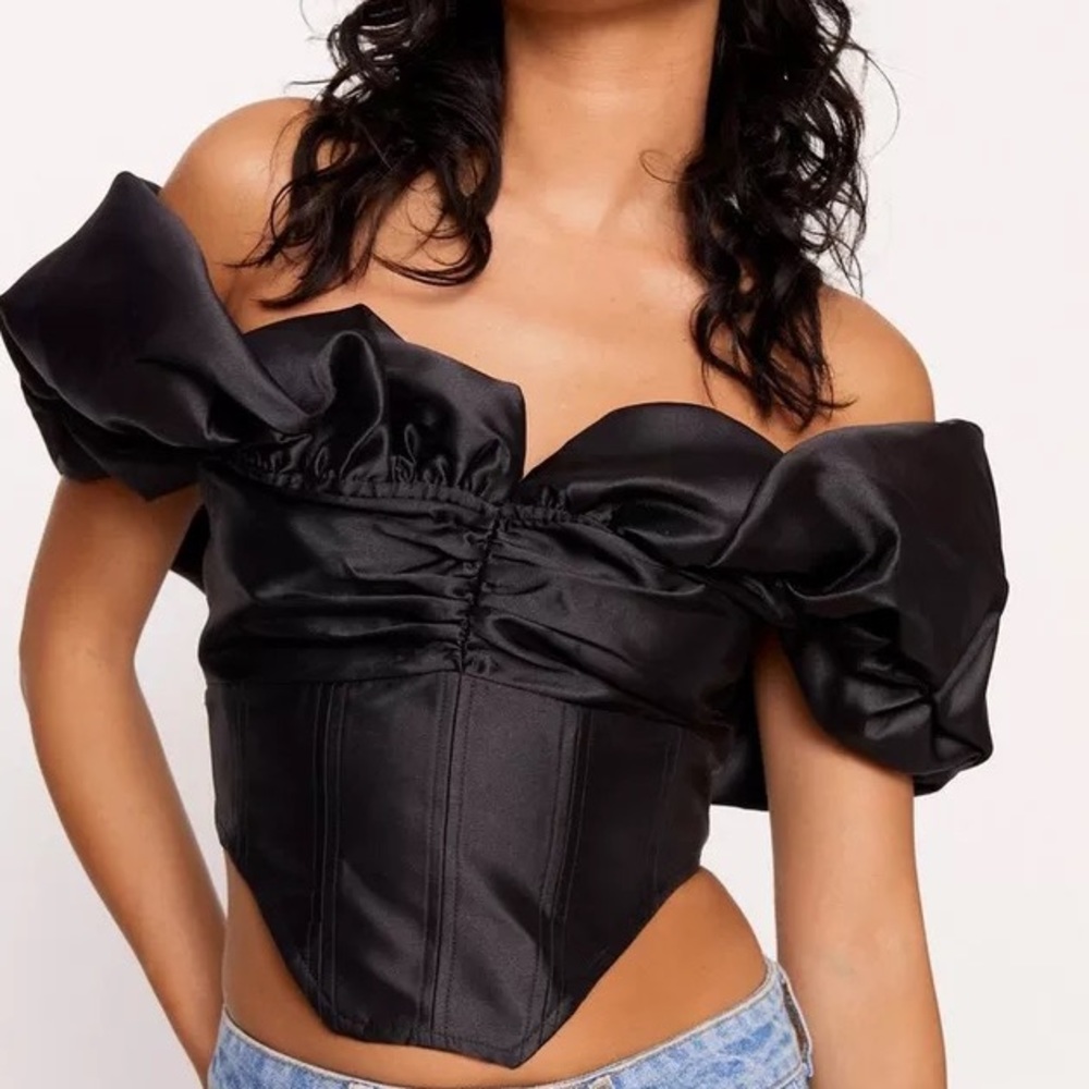 Black Satin Twill Off The Shoulder Puff Sleeve Corset Top